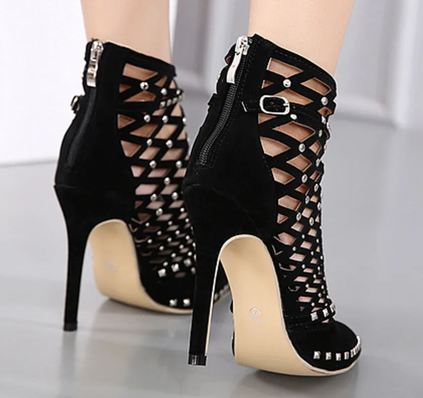 Cut Out Stiletto Heel Pointed Toe Zipper Sandals