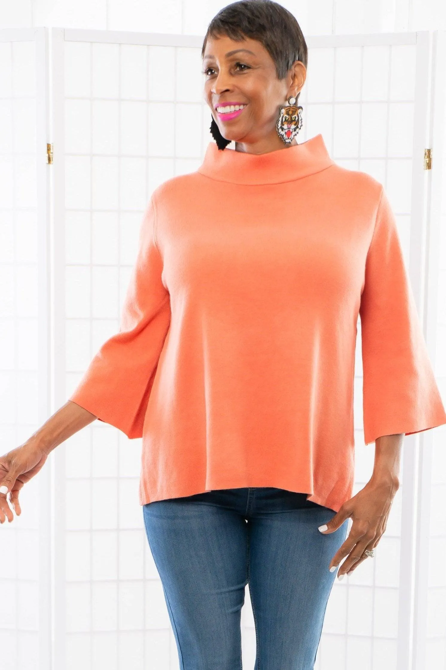 Easy to Love Orange Mock Neck Bell Sleeve Sweater