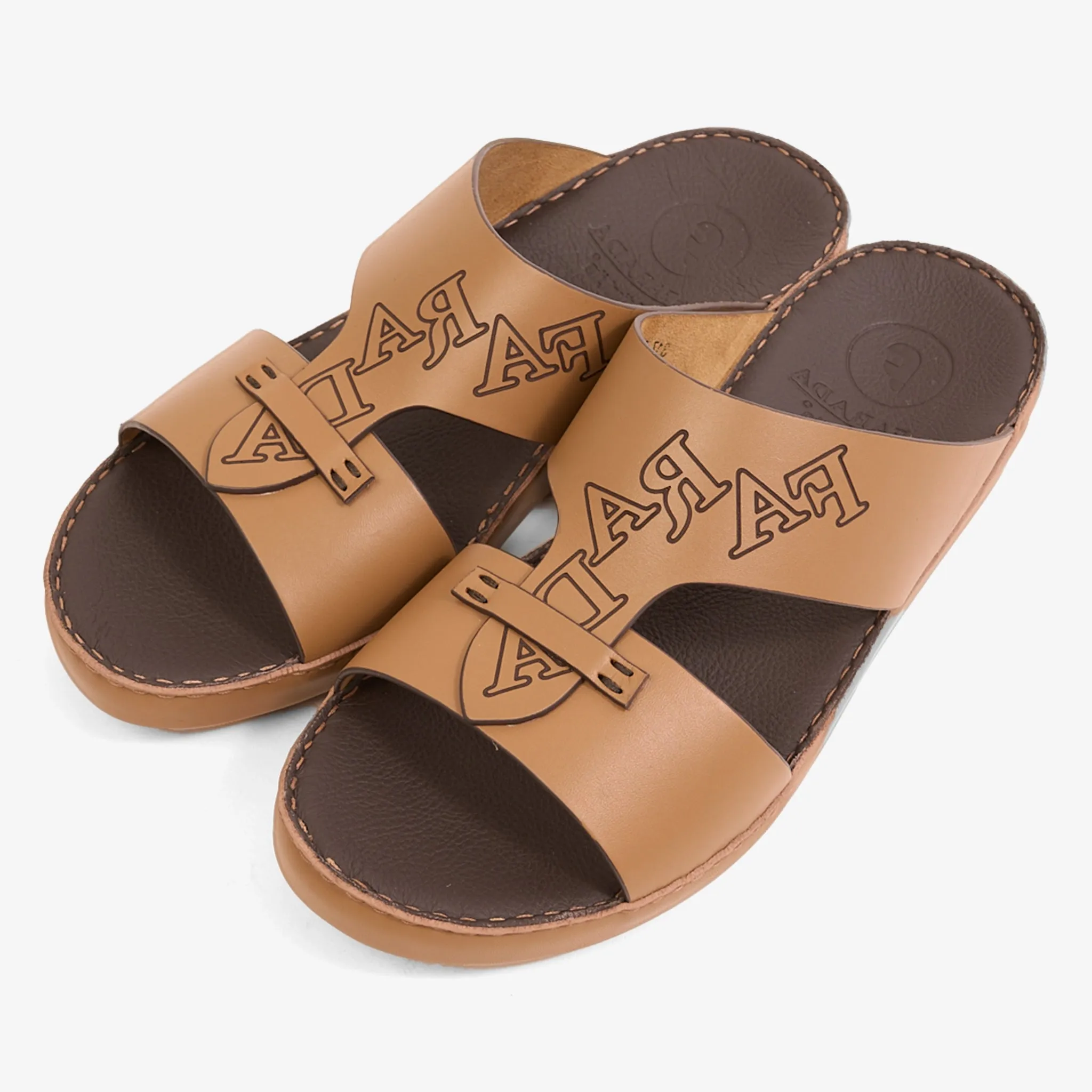 FARADA MODERN LEATHER SANDALS WITH EMBOSED LOGO CUOIO