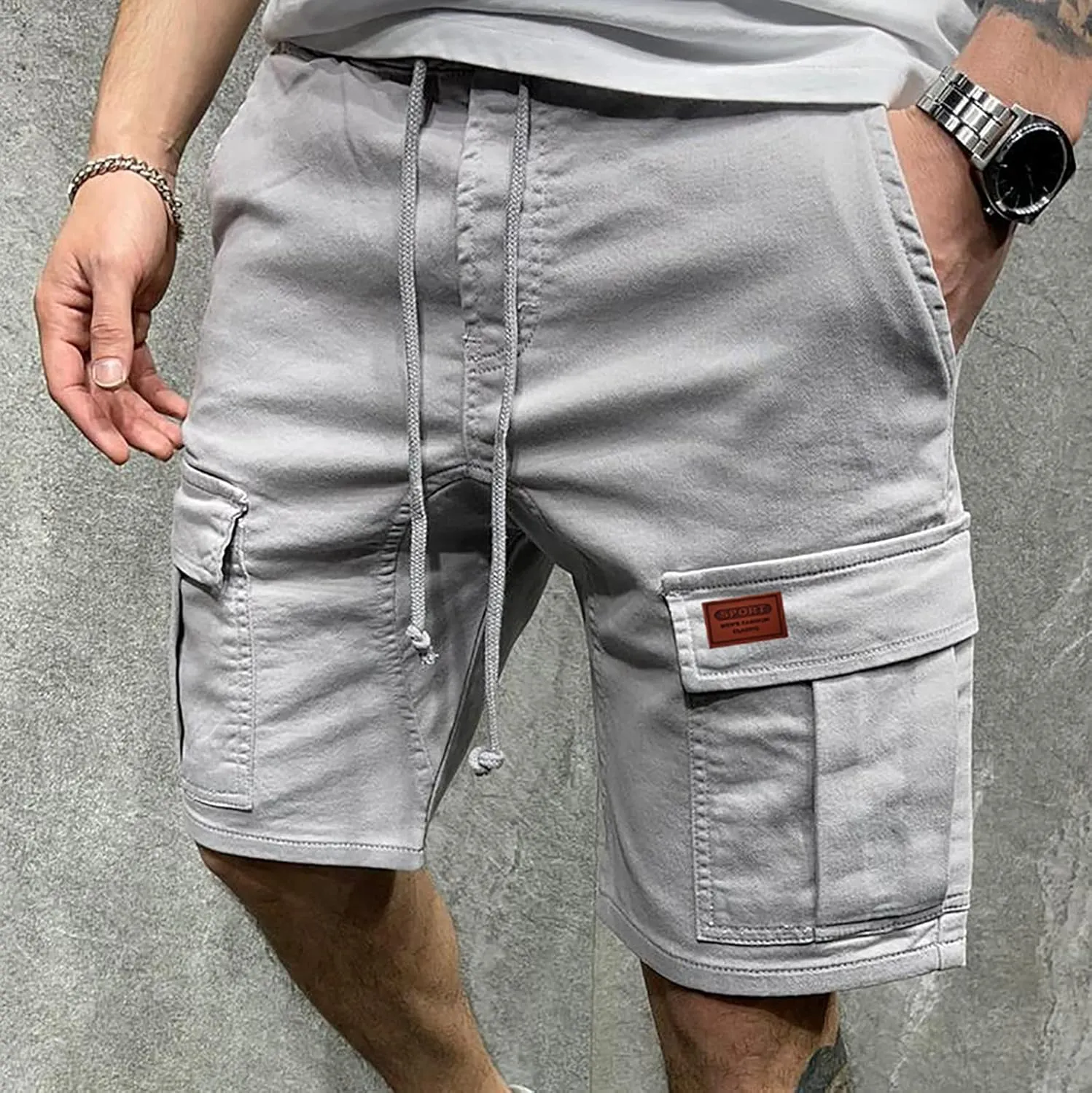 Finelylove Mens Shorts Casual Elastic Waist Drawstring Cargo Shorts Summer Lightweight Workout Jogger Pants with Pockets