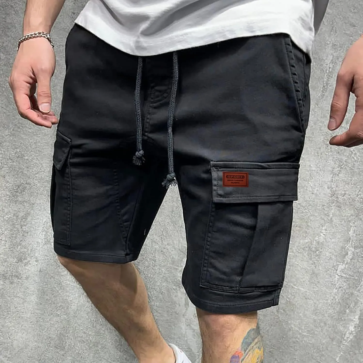 Finelylove Mens Shorts Casual Elastic Waist Drawstring Cargo Shorts Summer Lightweight Workout Jogger Pants with Pockets