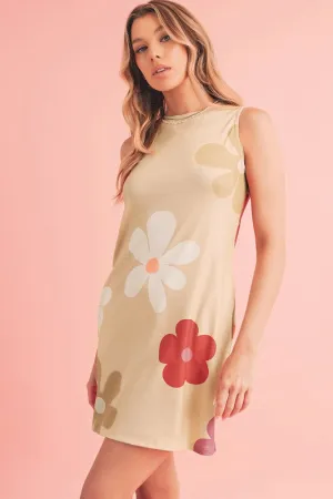 Flower Print Crew Neck Sleeveless Mini Dress