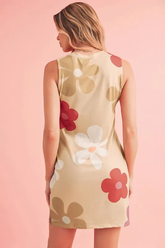 Flower Print Crew Neck Sleeveless Mini Dress
