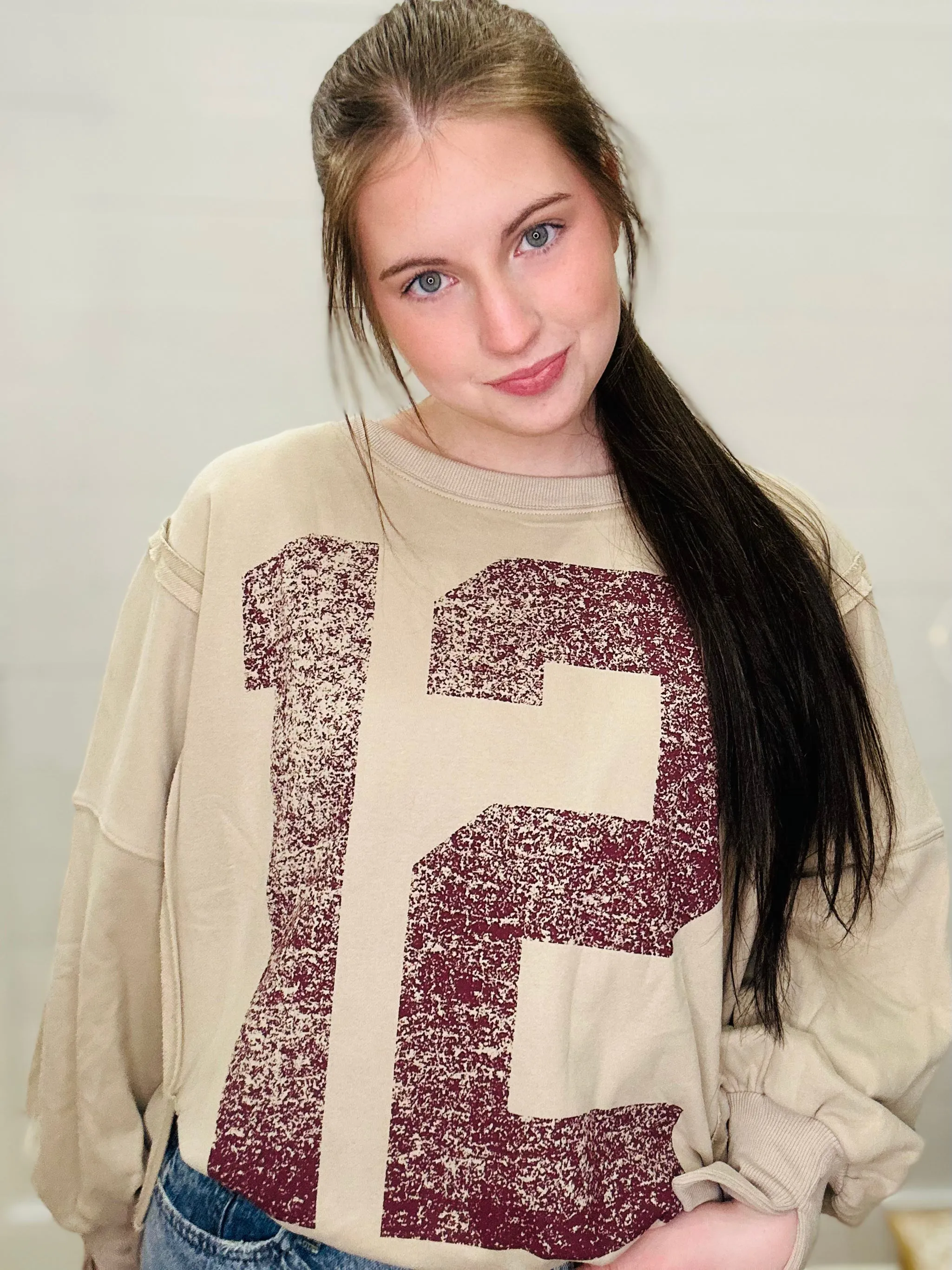 French Terry Printed Oversized Sweatshirt with Slits