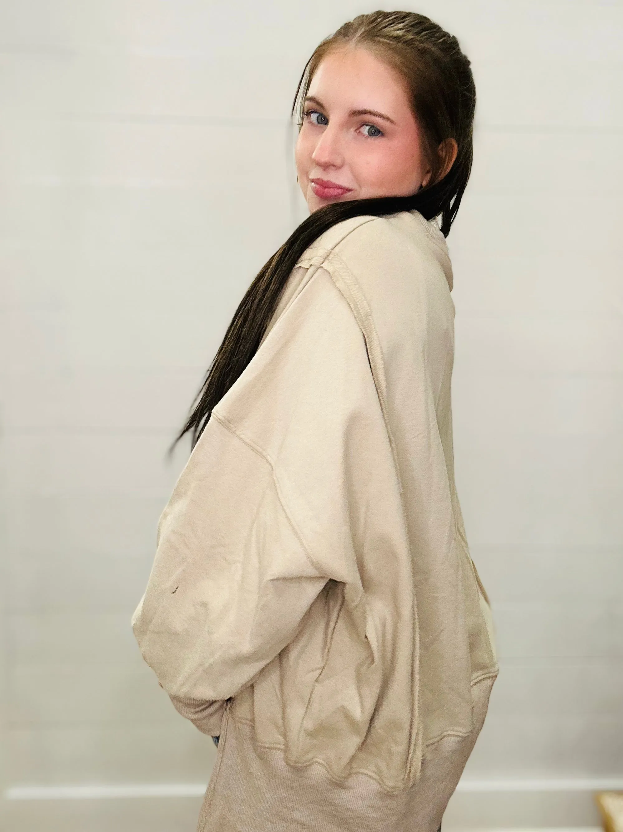 French Terry Printed Oversized Sweatshirt with Slits