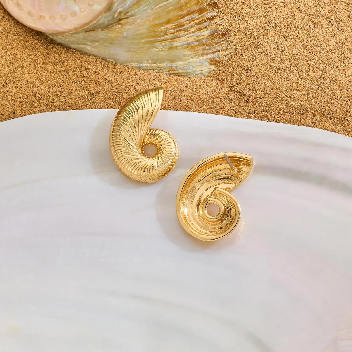Gold Sliver Statement Earrings for Women - Spiral Swirl Chunky Vintage Stud Earrings, Trendy Jewelry | Summer Beach Jewelry