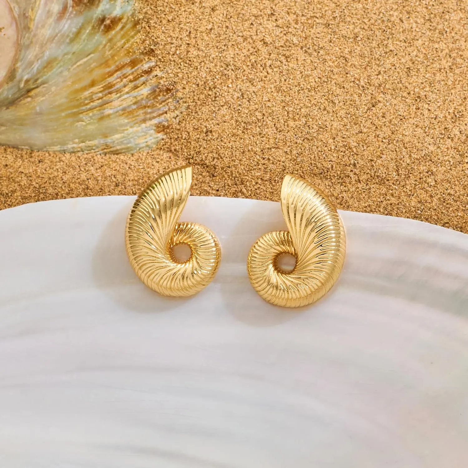 Gold Sliver Statement Earrings for Women - Spiral Swirl Chunky Vintage Stud Earrings, Trendy Jewelry | Summer Beach Jewelry