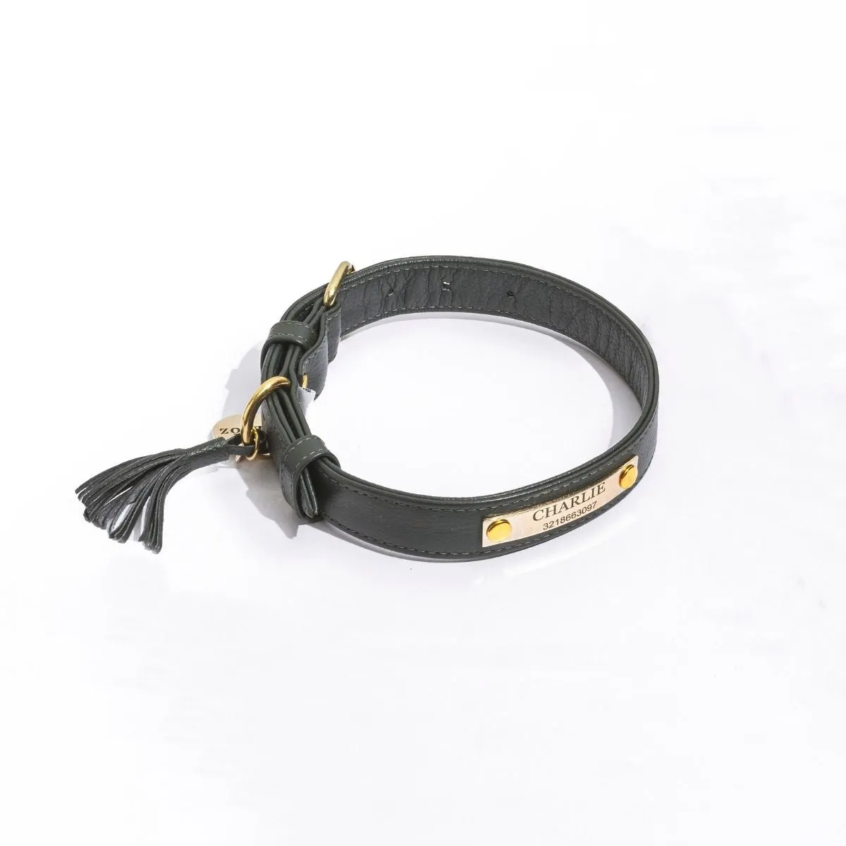 Green pine leather dog collar