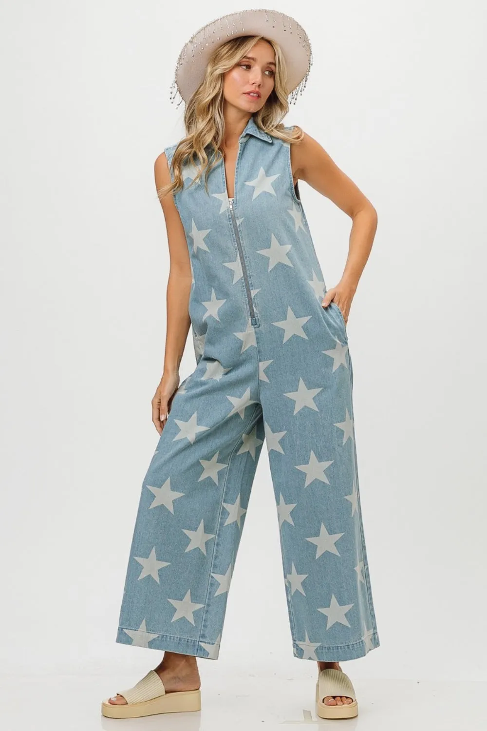 Hazel Blues® |  BiBi Star Print Half Zip Sleeveless Denim Jumpsuit