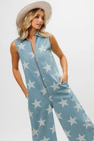 Hazel Blues® |  BiBi Star Print Half Zip Sleeveless Denim Jumpsuit