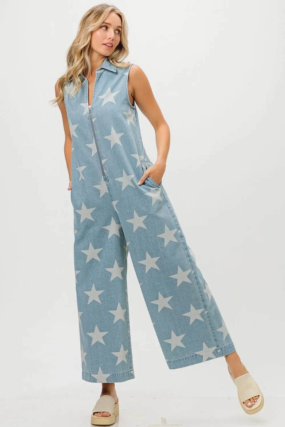 Hazel Blues® |  BiBi Star Print Half Zip Sleeveless Denim Jumpsuit