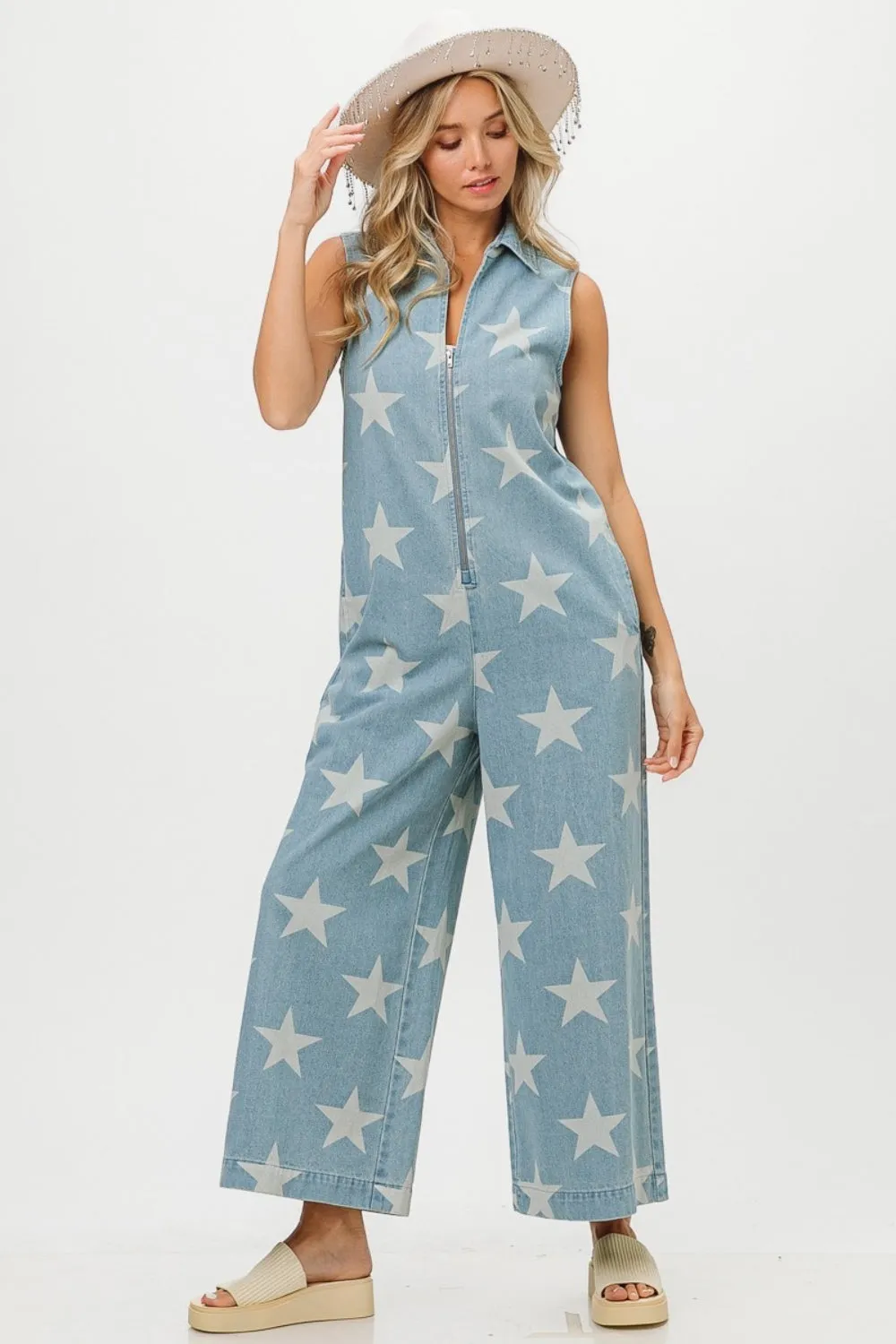 Hazel Blues® |  BiBi Star Print Half Zip Sleeveless Denim Jumpsuit