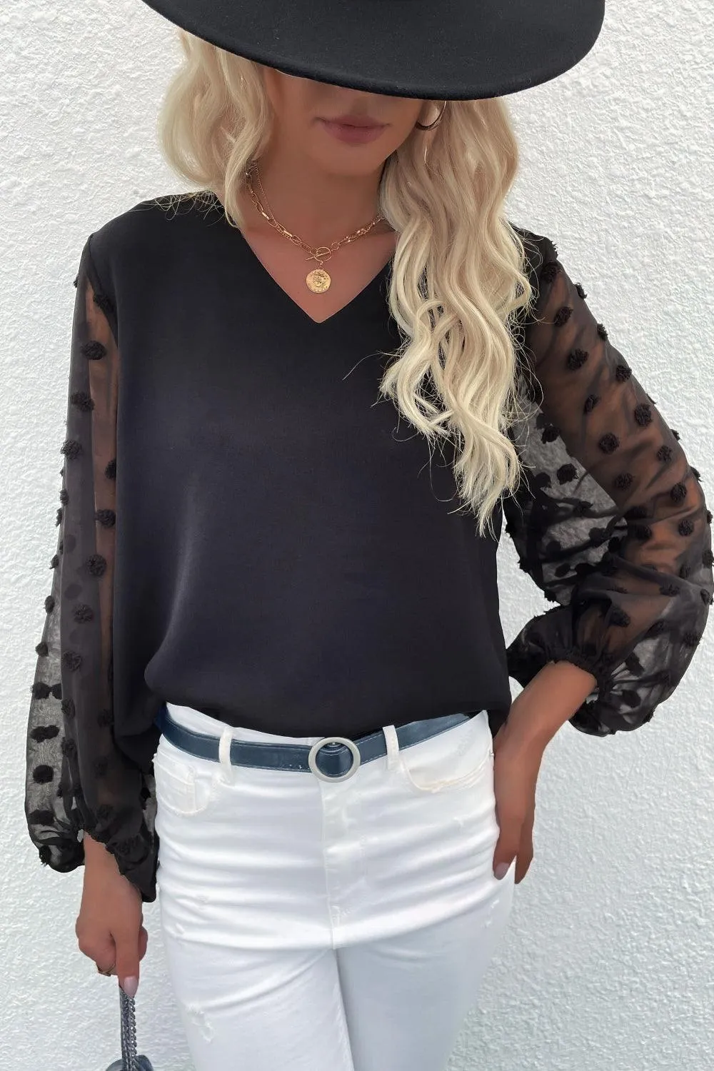 High-Class V-Neck Swiss Dot Blouse