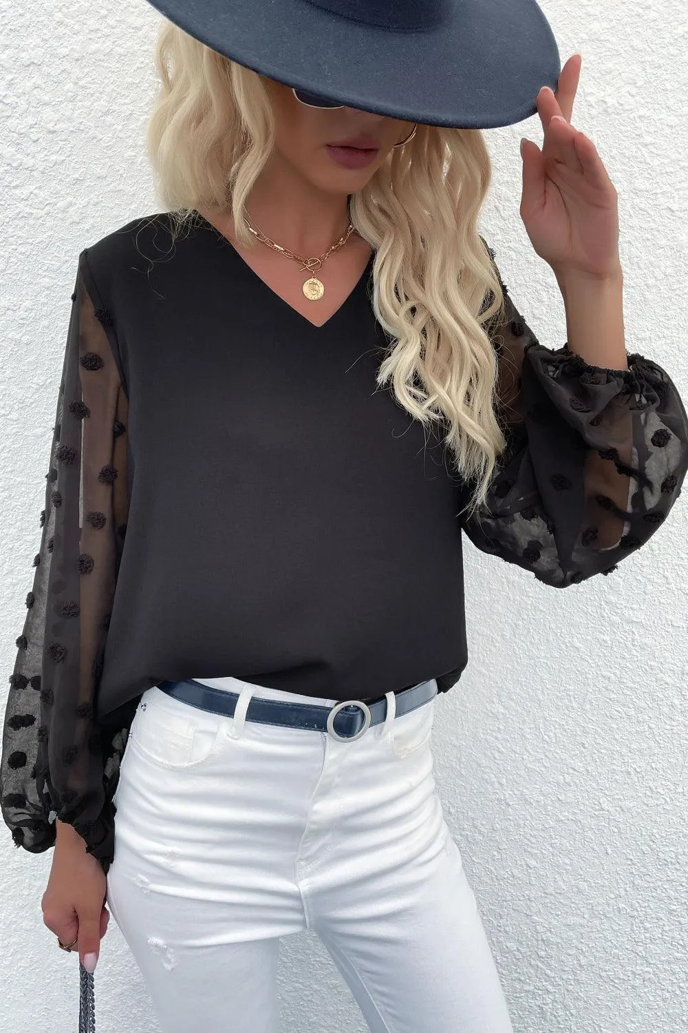 High-Class V-Neck Swiss Dot Blouse
