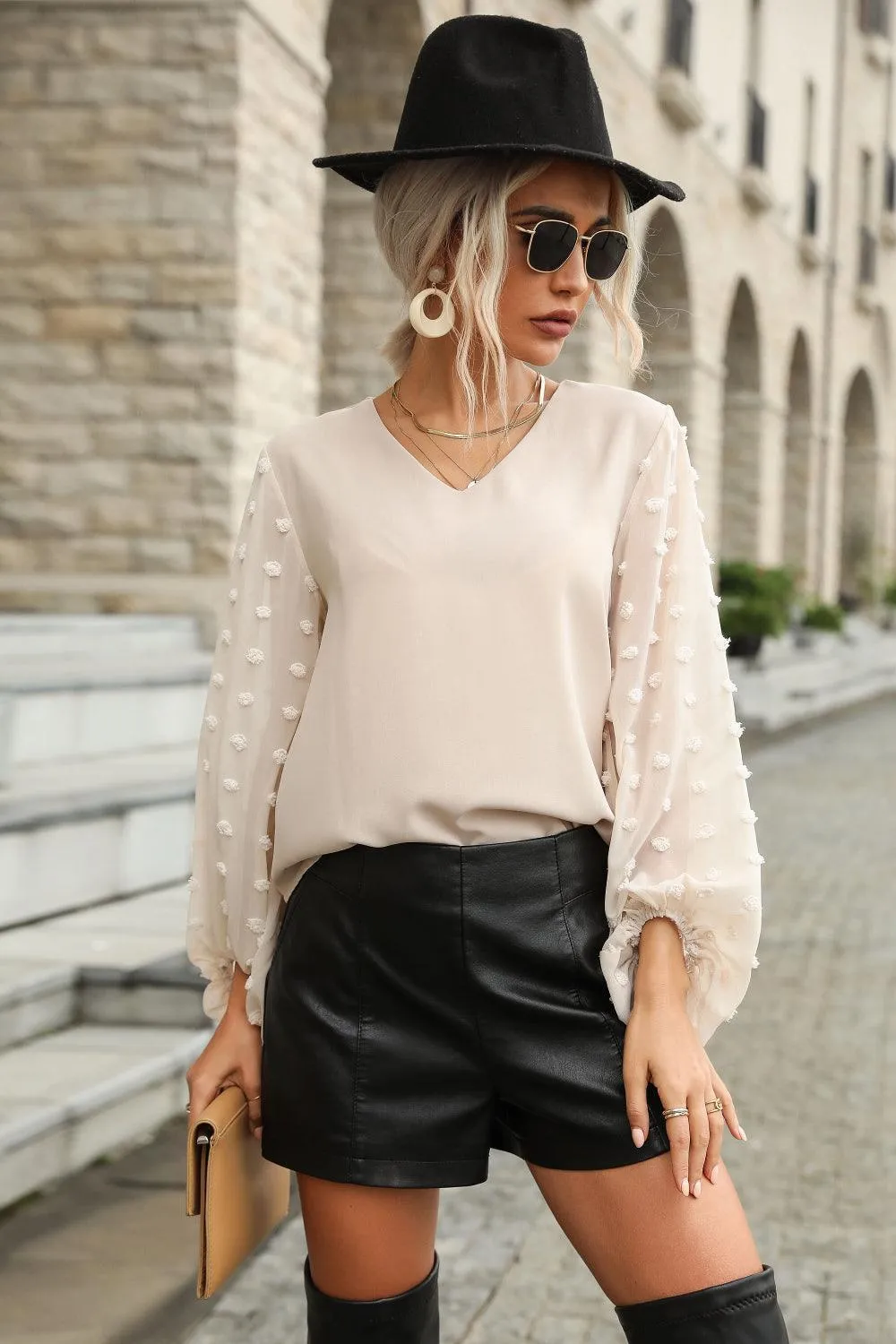 High-Class V-Neck Swiss Dot Blouse