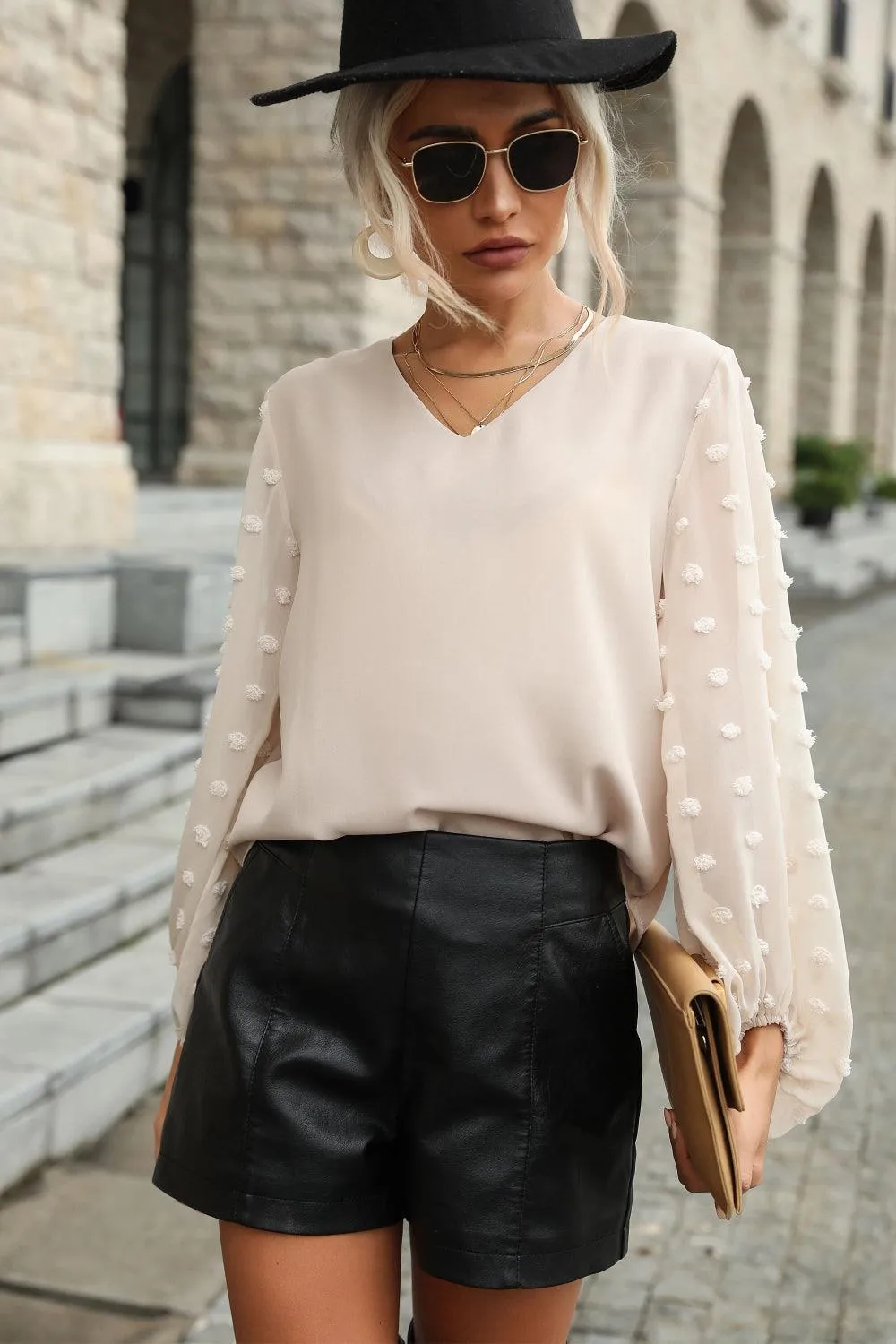 High-Class V-Neck Swiss Dot Blouse