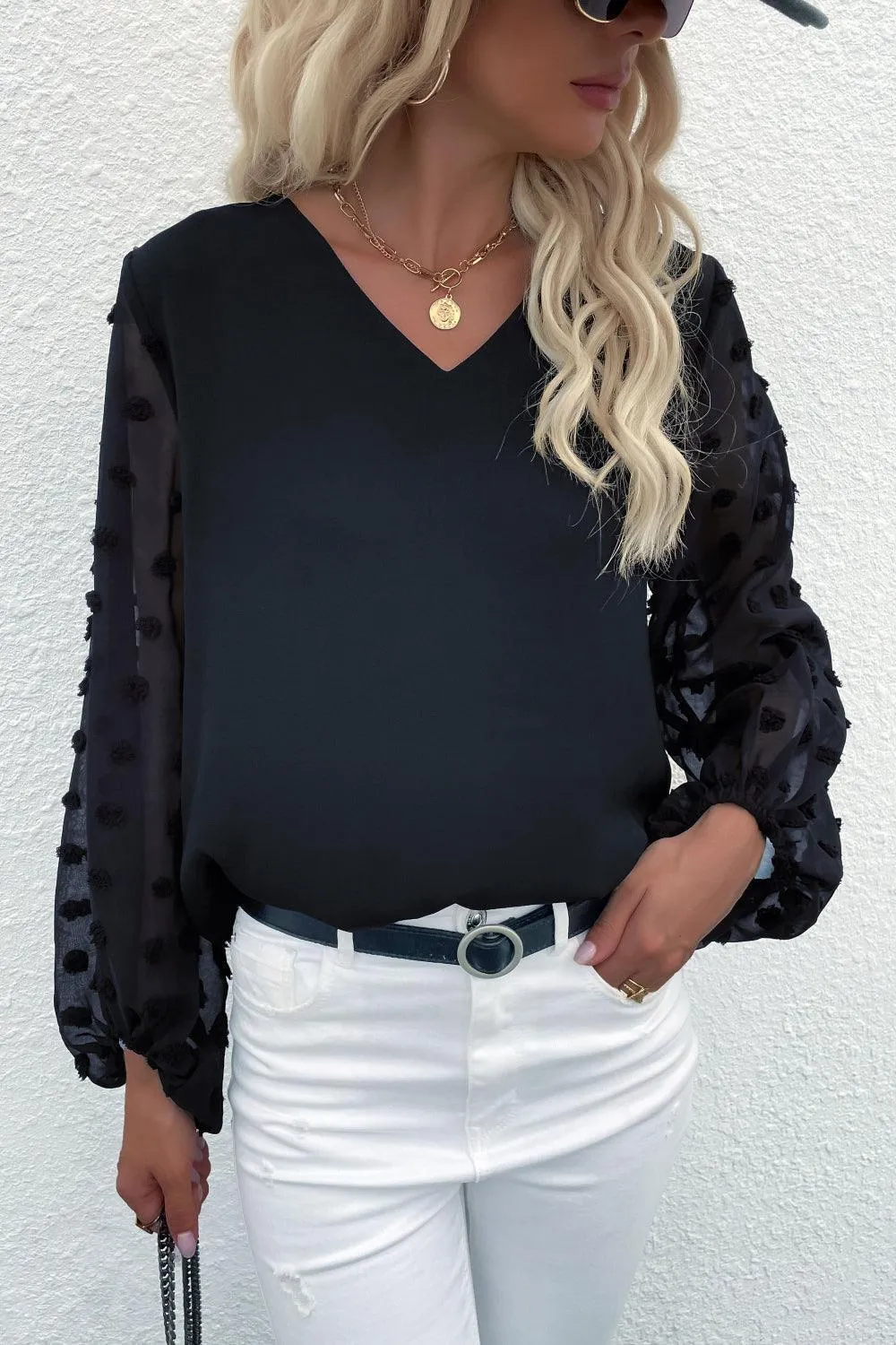 High-Class V-Neck Swiss Dot Blouse