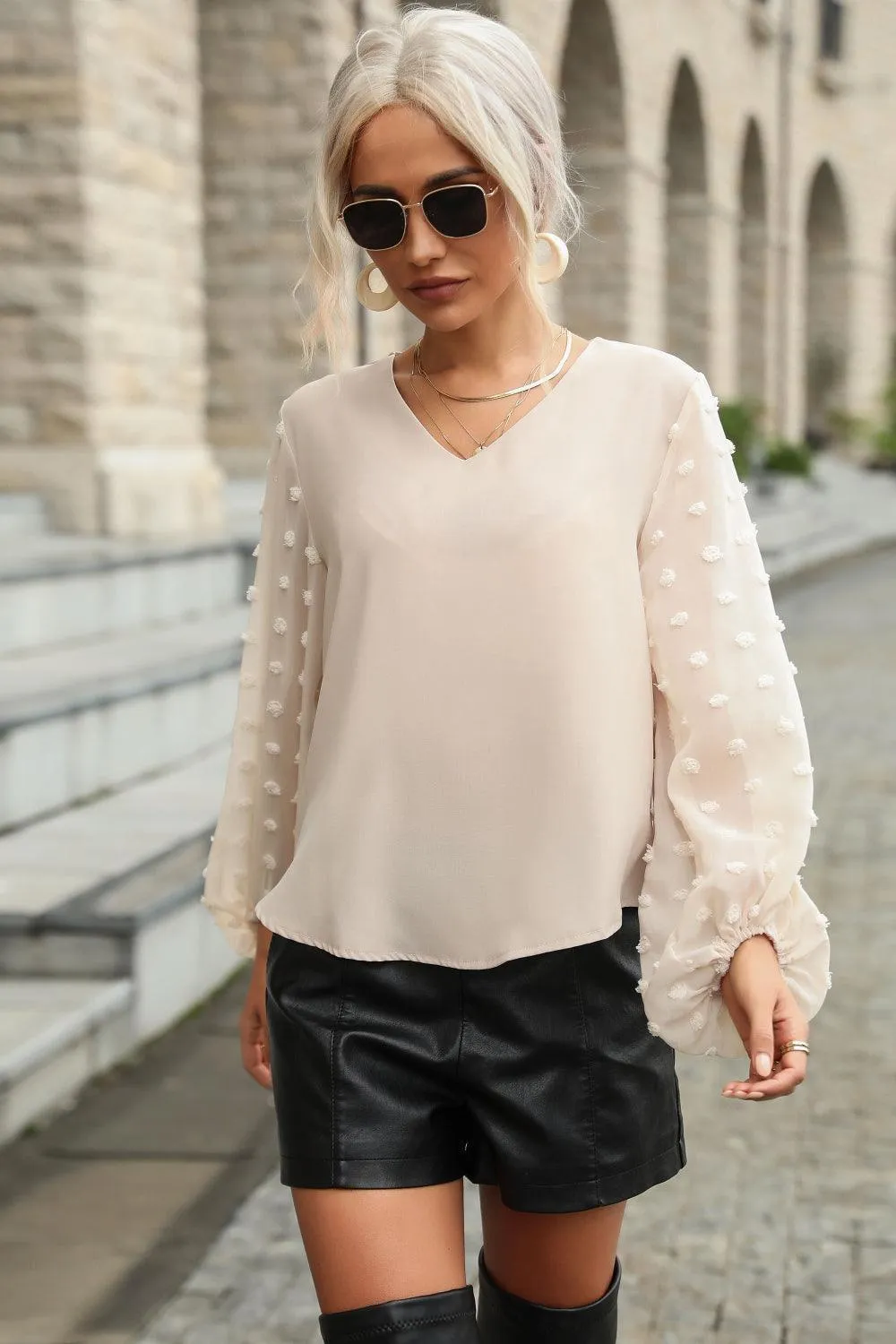 High-Class V-Neck Swiss Dot Blouse