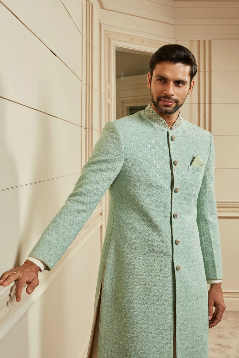 Jade Sequined Georgette Sherwani