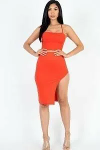 Kayla color crisscross back Cami crop top and split thigh set-FINAL SALE