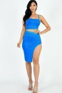 Kayla color crisscross back Cami crop top and split thigh set-FINAL SALE