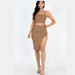 Kayla color crisscross back Cami crop top and split thigh set-FINAL SALE
