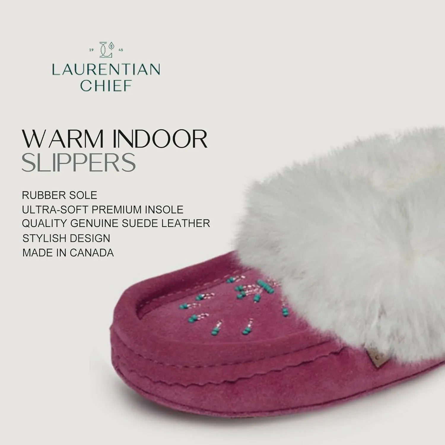 Laurentian Chief Moccasin Slippers for Women  Ladies Comfortable Slippers with Real Rabbit Fur Trim and Soft Faux Lining  Canada Quality Beaded Style Warmie Shoes for House Indoor