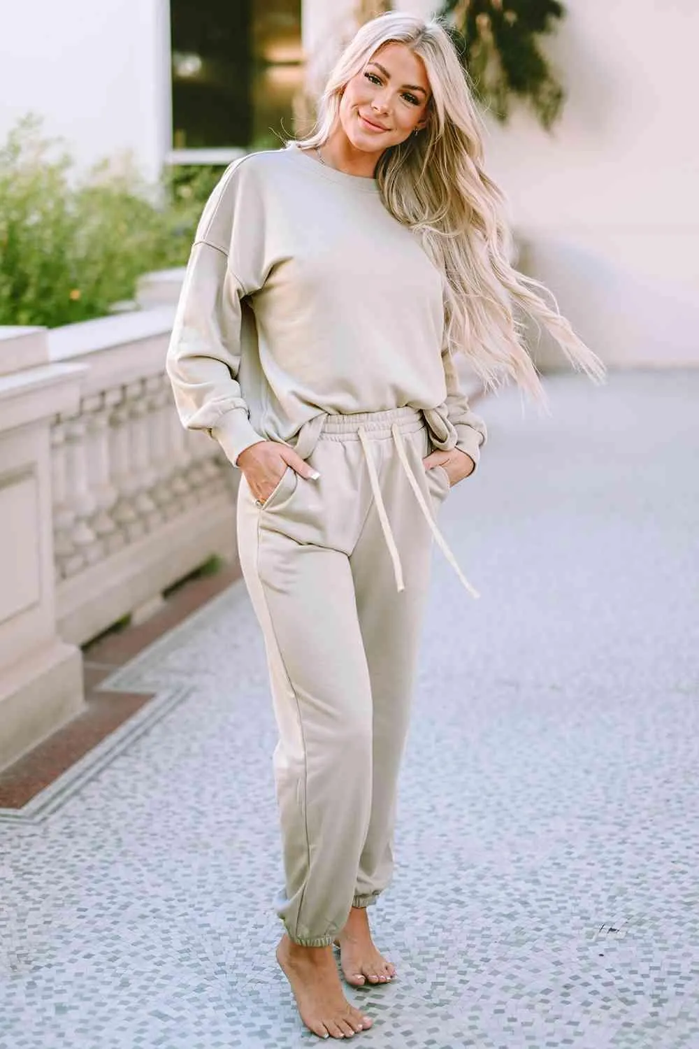 Light Gray Top and Pants Two Piece Lounge Set