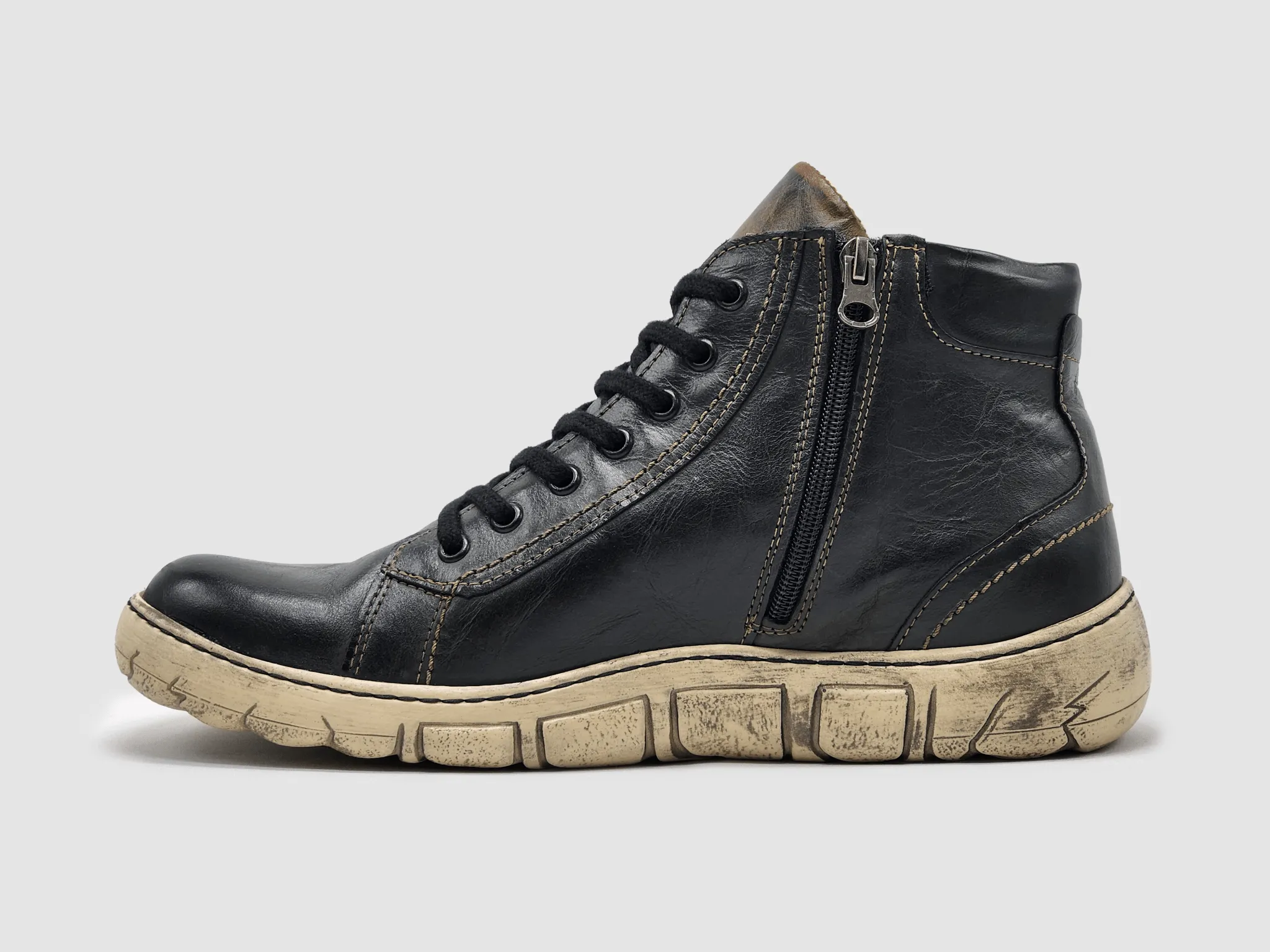 Men's Original Thick-Wool Lined Zip-Up Leather Boots - Black/White
