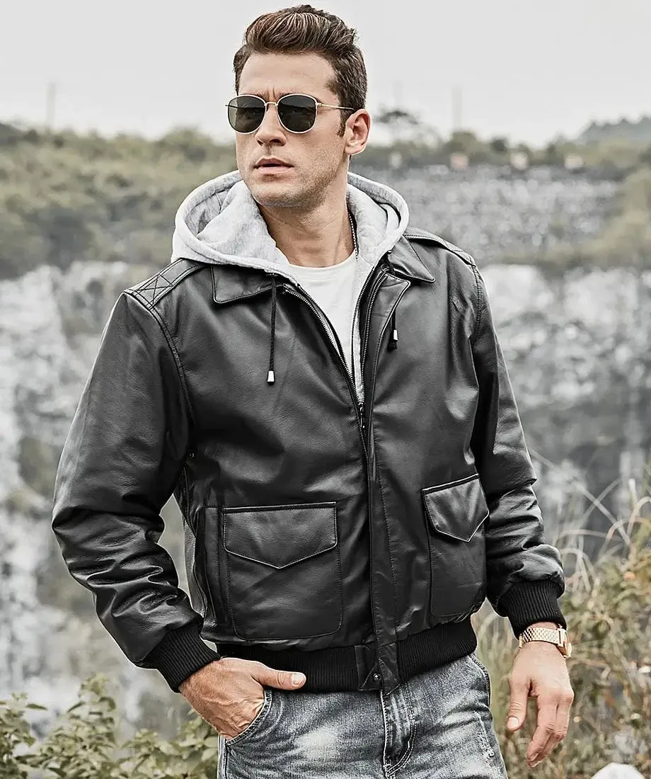 Mens Pilot Black Leather Bomber Jacket With Removable Hood