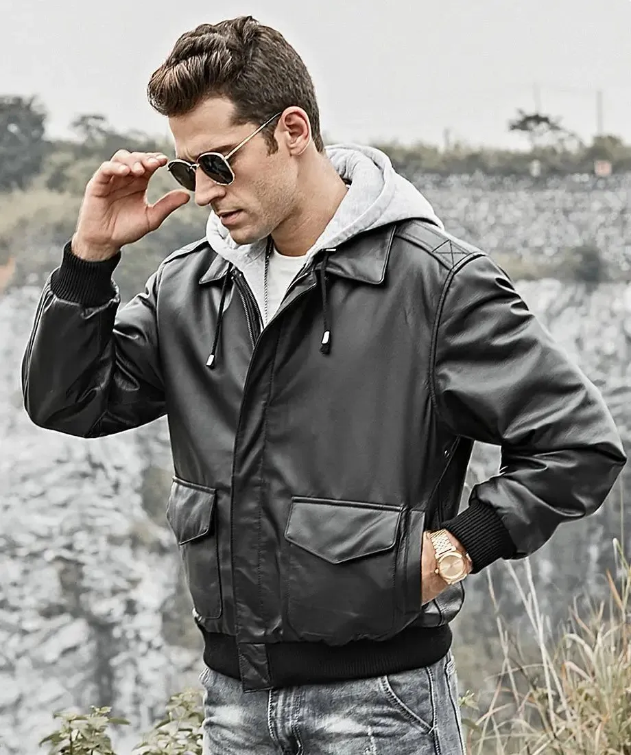 Mens Pilot Black Leather Bomber Jacket With Removable Hood