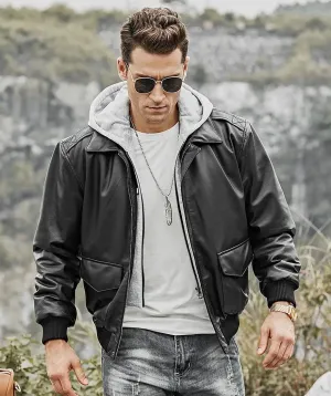 Mens Pilot Black Leather Bomber Jacket With Removable Hood