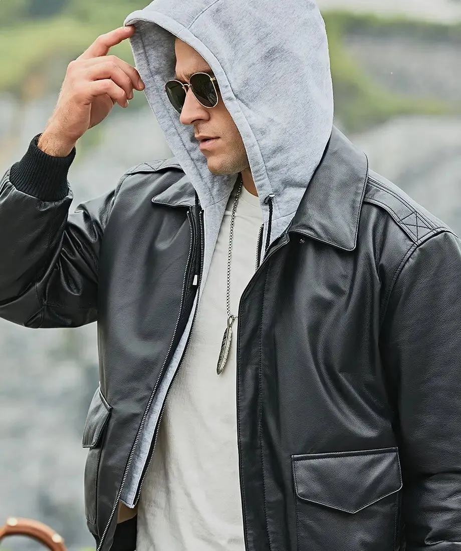 Mens Pilot Black Leather Bomber Jacket With Removable Hood