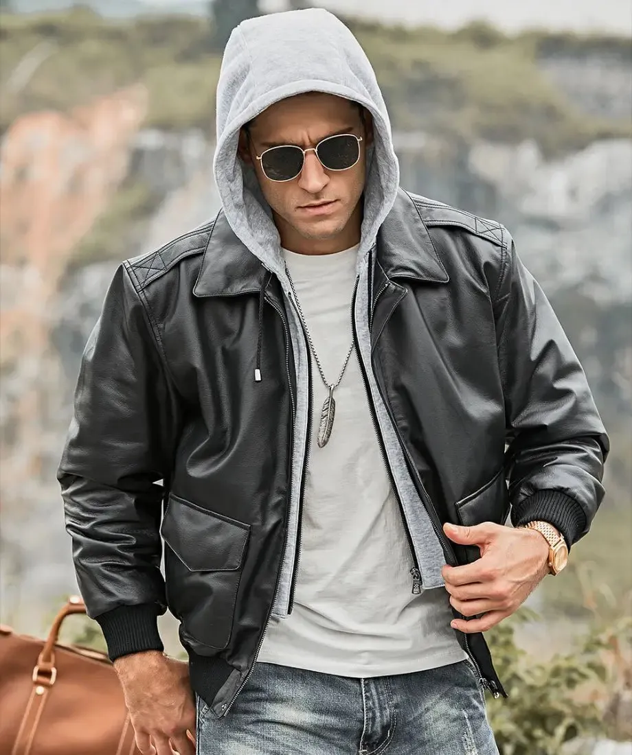 Mens Pilot Black Leather Bomber Jacket With Removable Hood