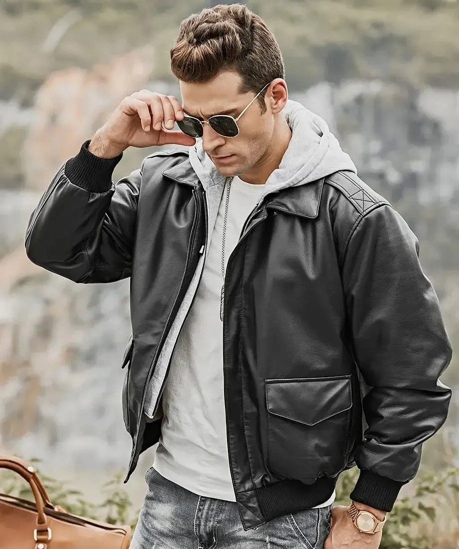 Mens Pilot Black Leather Bomber Jacket With Removable Hood
