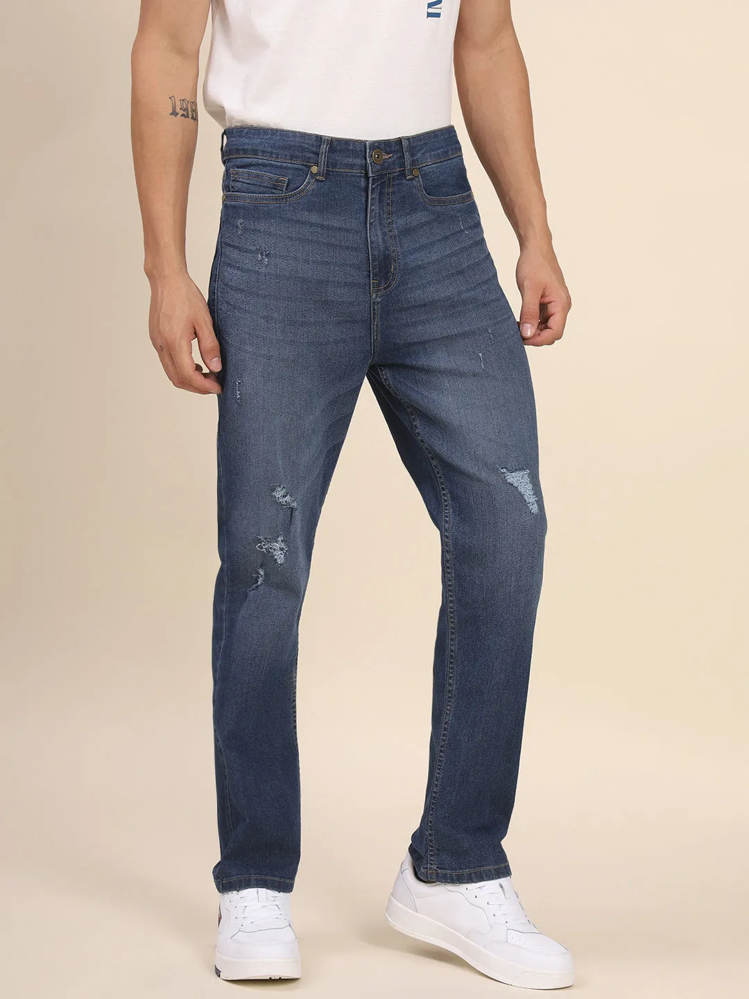 Men's Slim Fit Light Blue Denim Jeans Waistband With Belt Loops Has A Button Rivet And Zip Closure