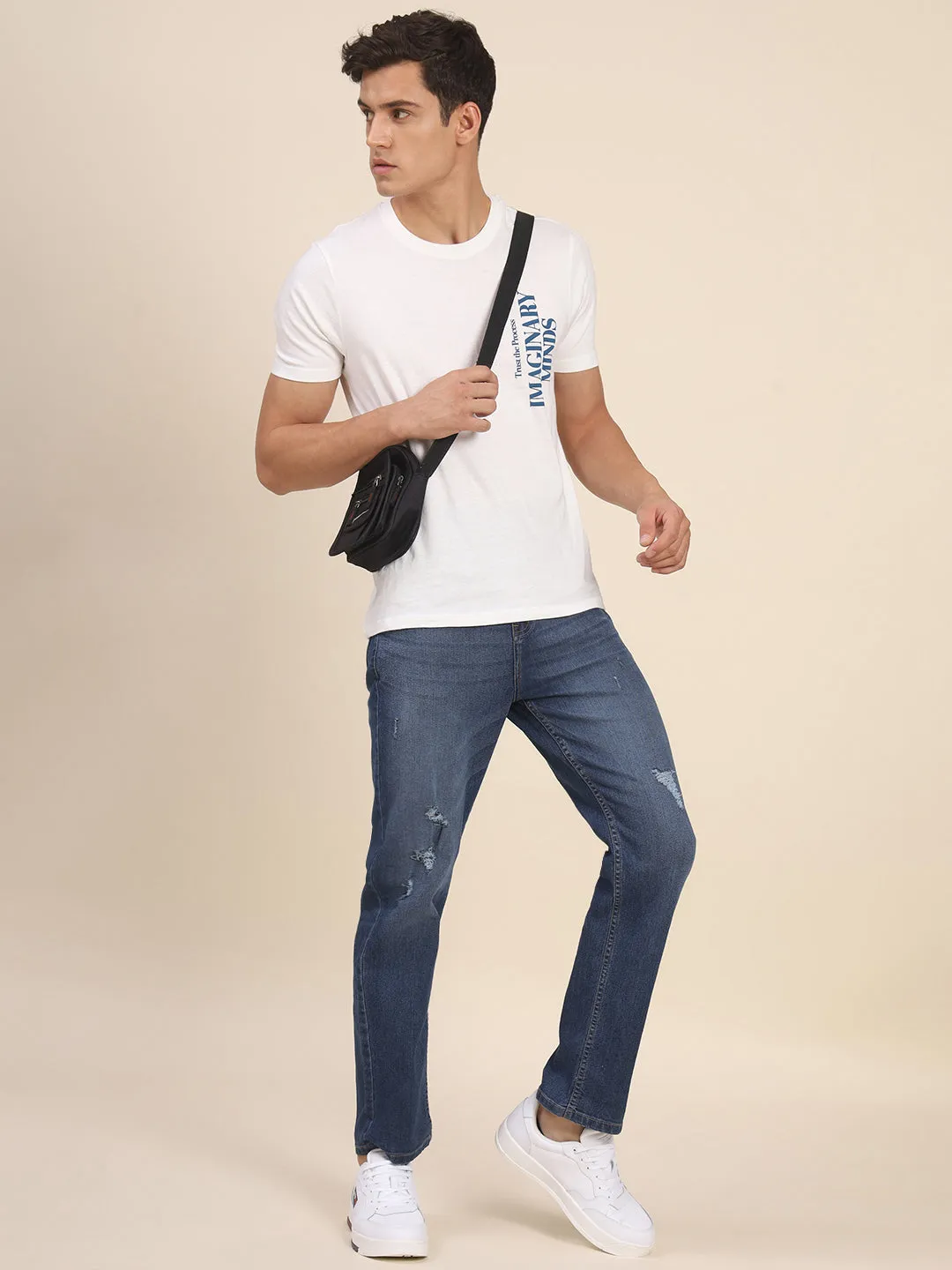Men's Slim Fit Light Blue Denim Jeans Waistband With Belt Loops Has A Button Rivet And Zip Closure