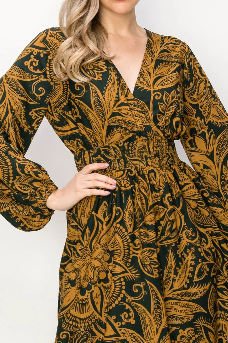 OL24A139-PAISLEY LONG SLEEVE STRETCH WAIST MAXI DRESS