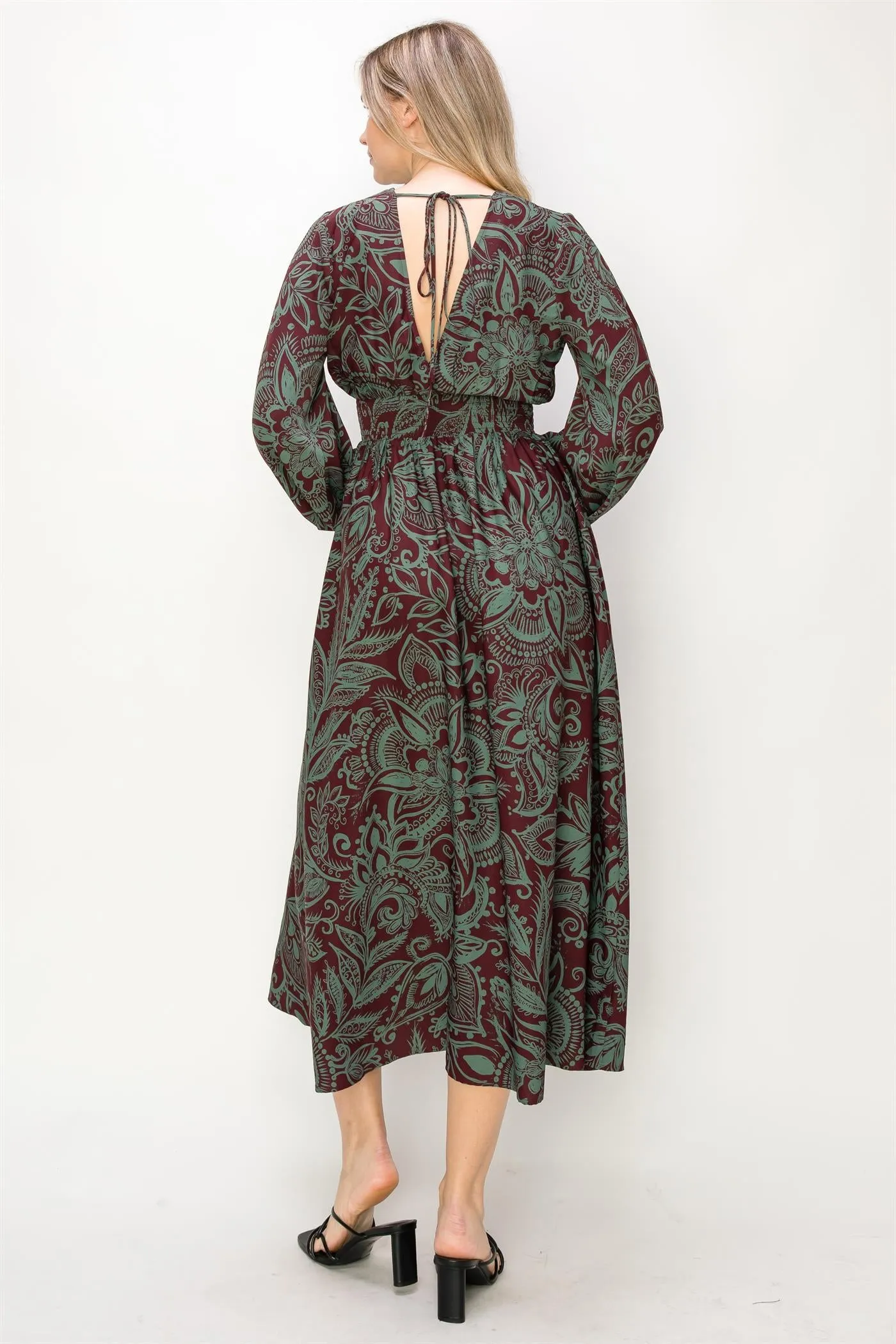 OL24A139-PAISLEY LONG SLEEVE STRETCH WAIST MAXI DRESS