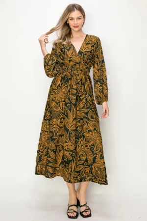 OL24A139-PAISLEY LONG SLEEVE STRETCH WAIST MAXI DRESS