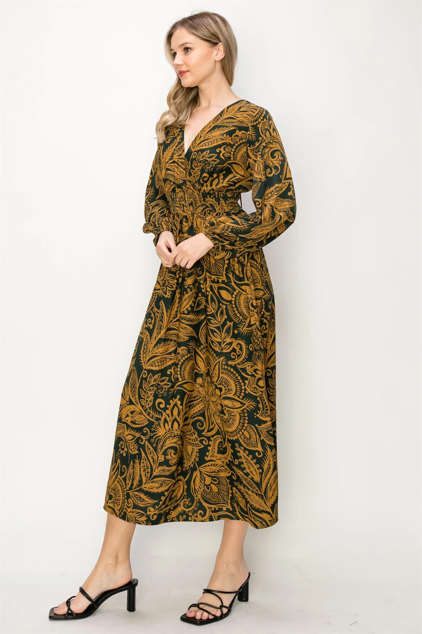 OL24A139-PAISLEY LONG SLEEVE STRETCH WAIST MAXI DRESS
