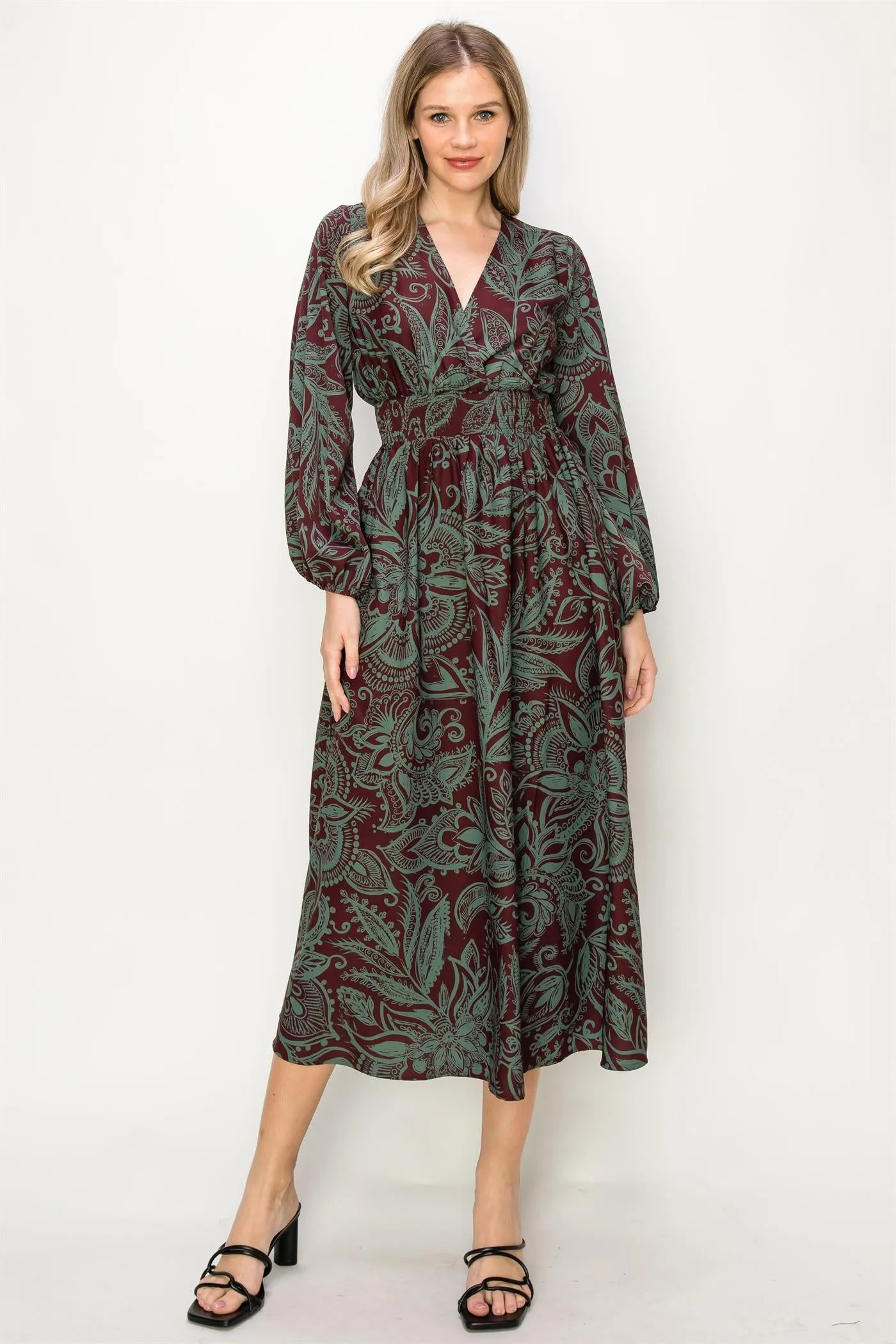 OL24A139-PAISLEY LONG SLEEVE STRETCH WAIST MAXI DRESS