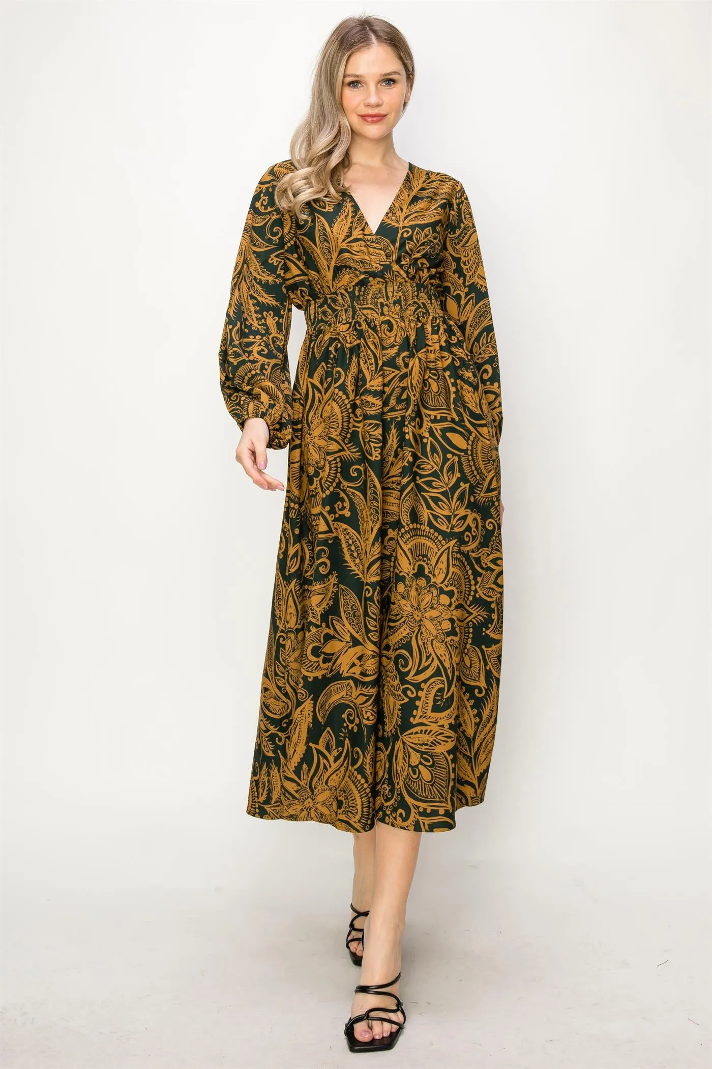 OL24A139-PAISLEY LONG SLEEVE STRETCH WAIST MAXI DRESS