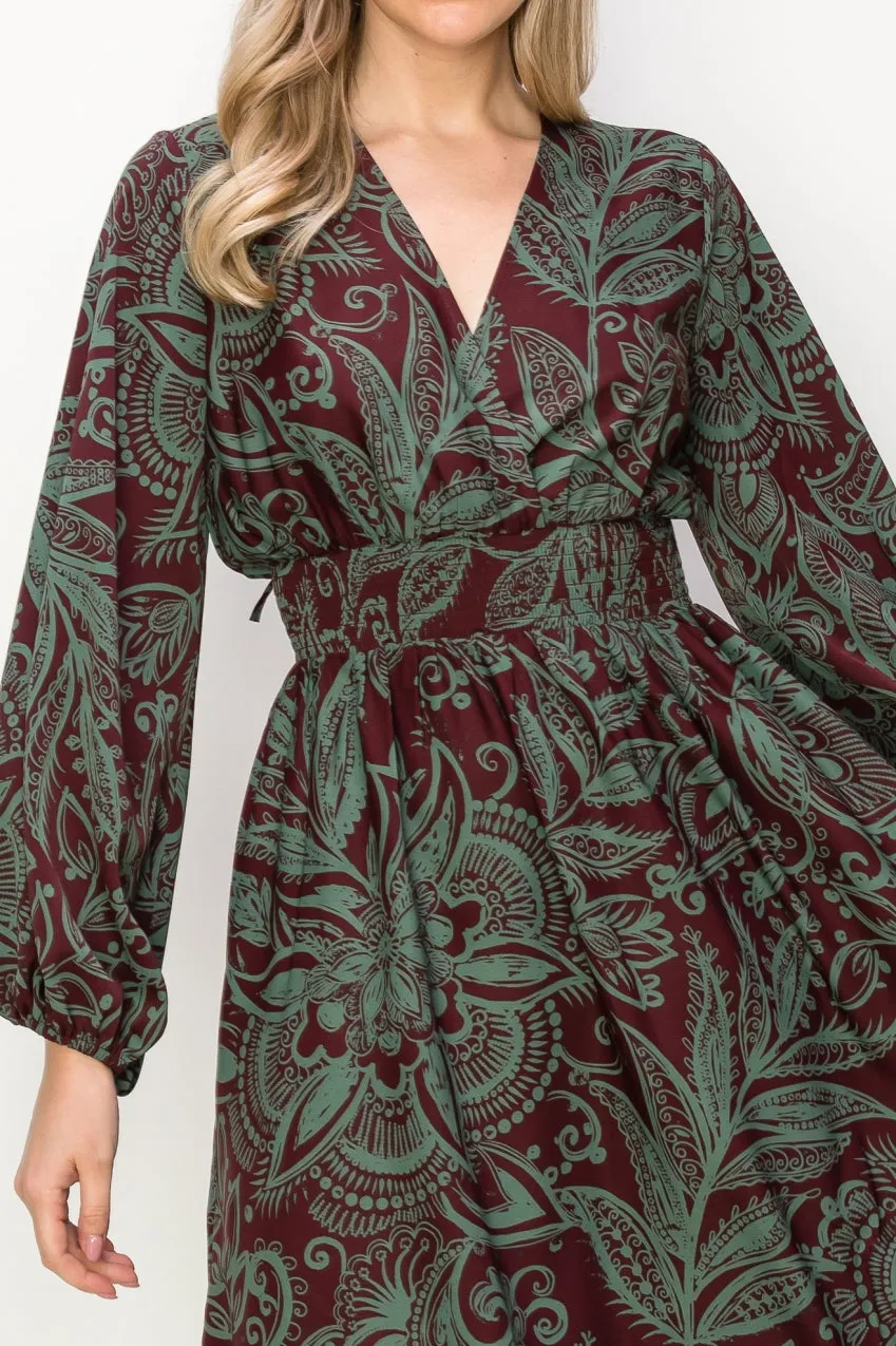 OL24A139-PAISLEY LONG SLEEVE STRETCH WAIST MAXI DRESS