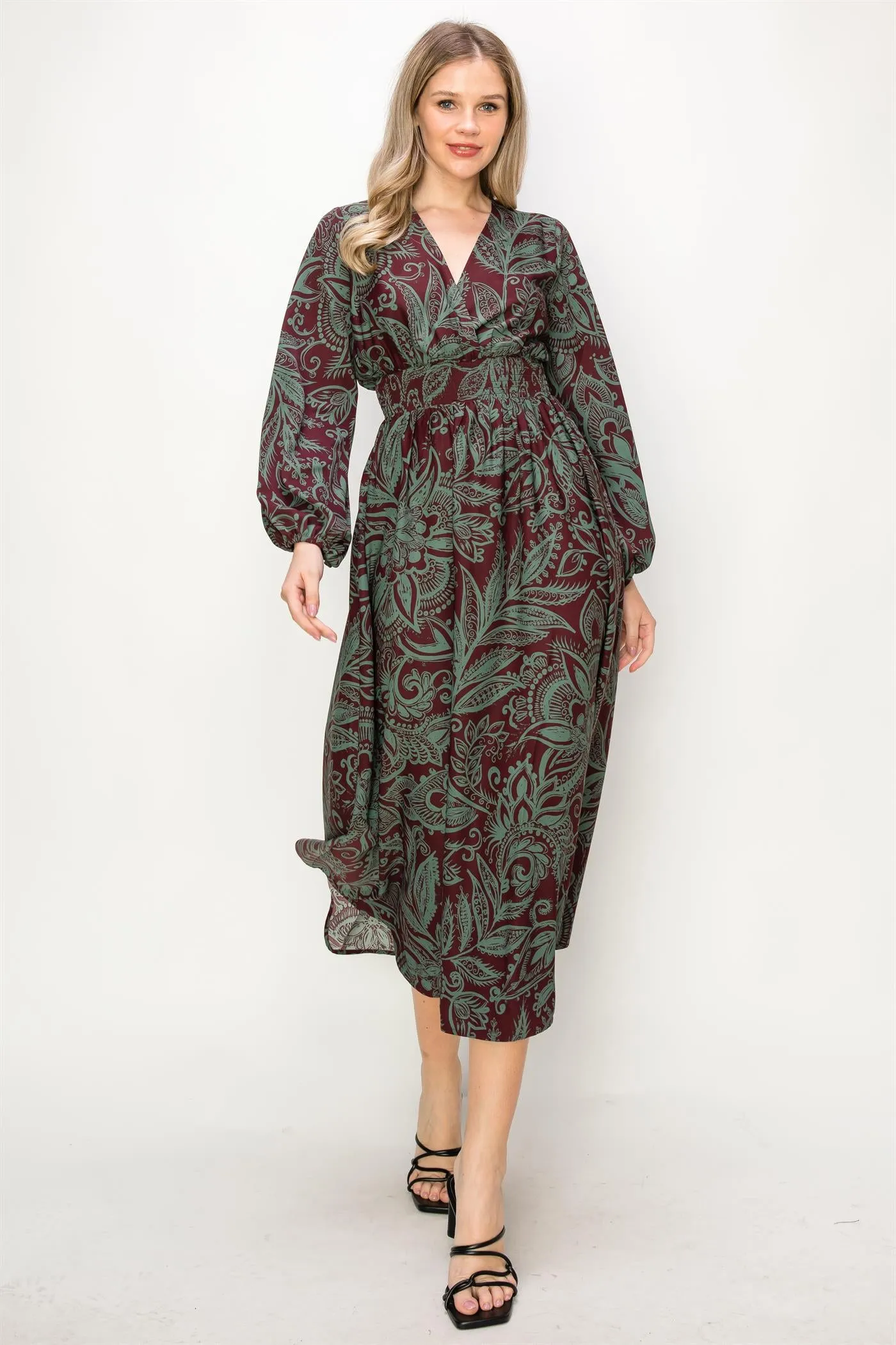 OL24A139-PAISLEY LONG SLEEVE STRETCH WAIST MAXI DRESS