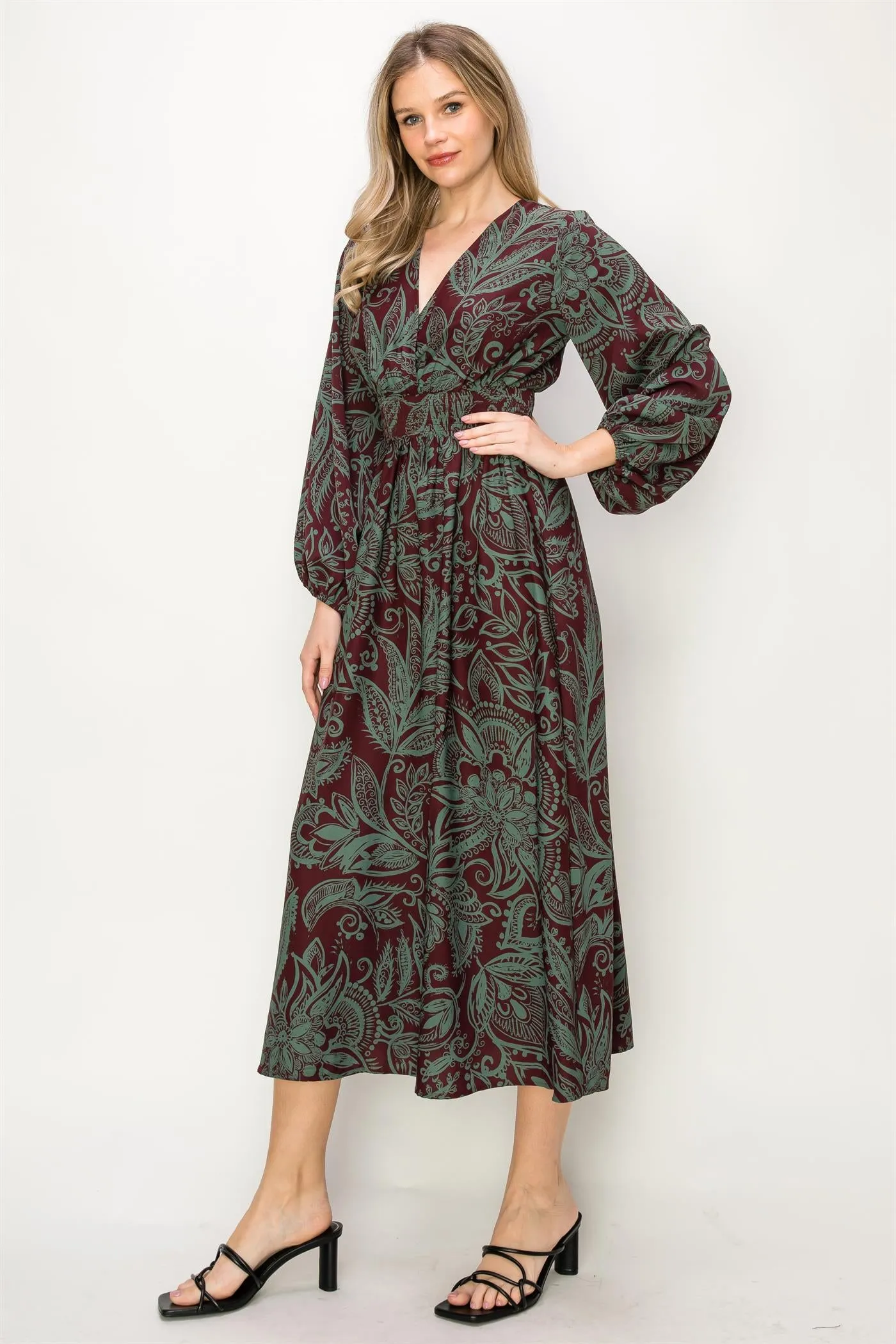 OL24A139-PAISLEY LONG SLEEVE STRETCH WAIST MAXI DRESS