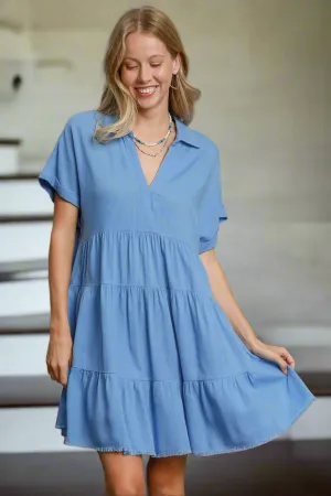 Own Your Fashion Sky Blue Raw Hem Tiered Dress