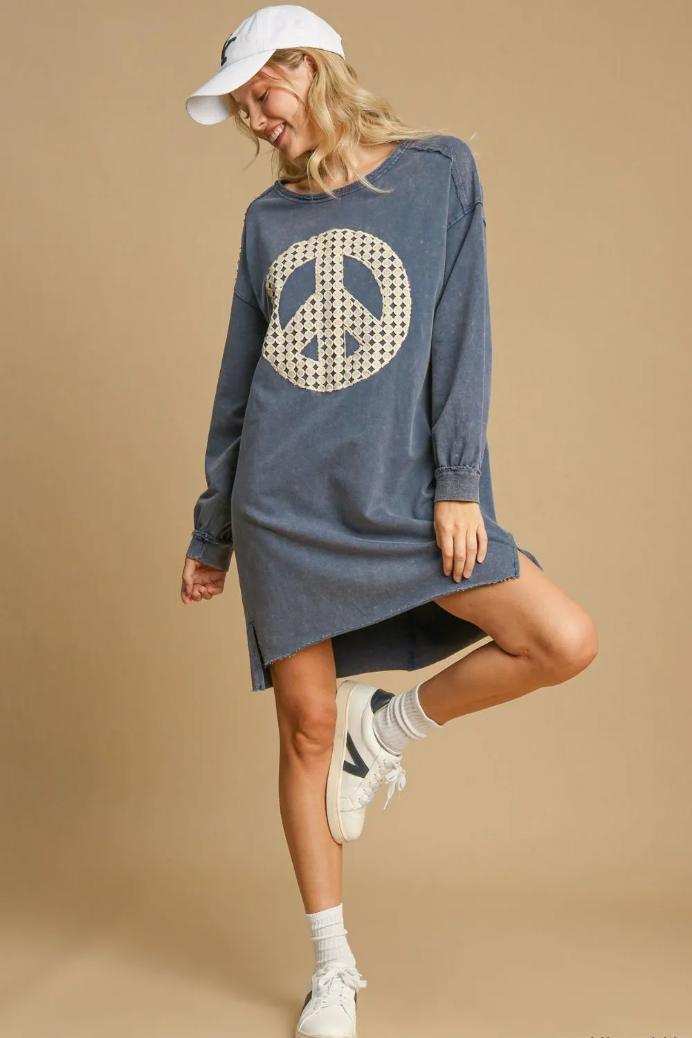 Peace It Out Lace Applique Frayed Hem French Terry Mini Dress