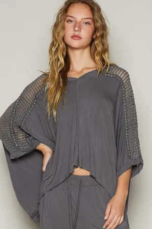 POL Oversize V-Neck Crochet Studded Top