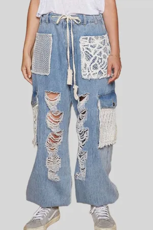 POL Vintage Washed Crochet Patch Distressed Jeans